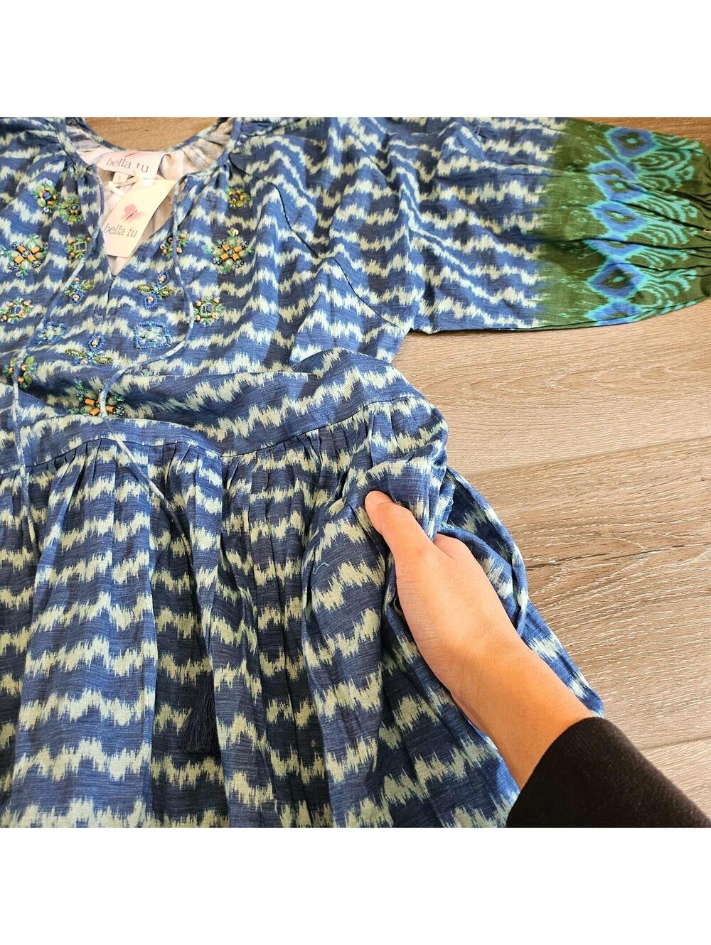 Bella Tu Womens Kaftan Dress Blue Ikat V-Neck 3/4 Sleeve Emblemished Size L NWT - Picture 7 of 9